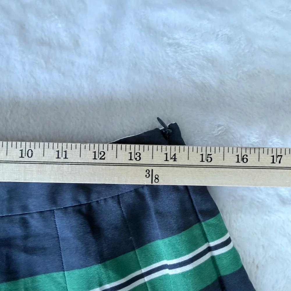 Lands End Pleated Midi Skirt Navy Blue Green White Striped Size 4 Preppy A-Line